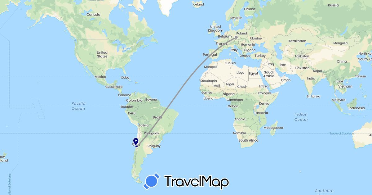 TravelMap itinerary: driving, plane in Chile, Czech Republic (Europe, South America)